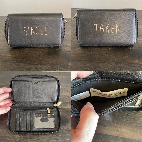 T-SHIRT & Jeans Black Faux Leather Single Taken Wallet Zip Around Clutch Gold - Picture 1 of 8